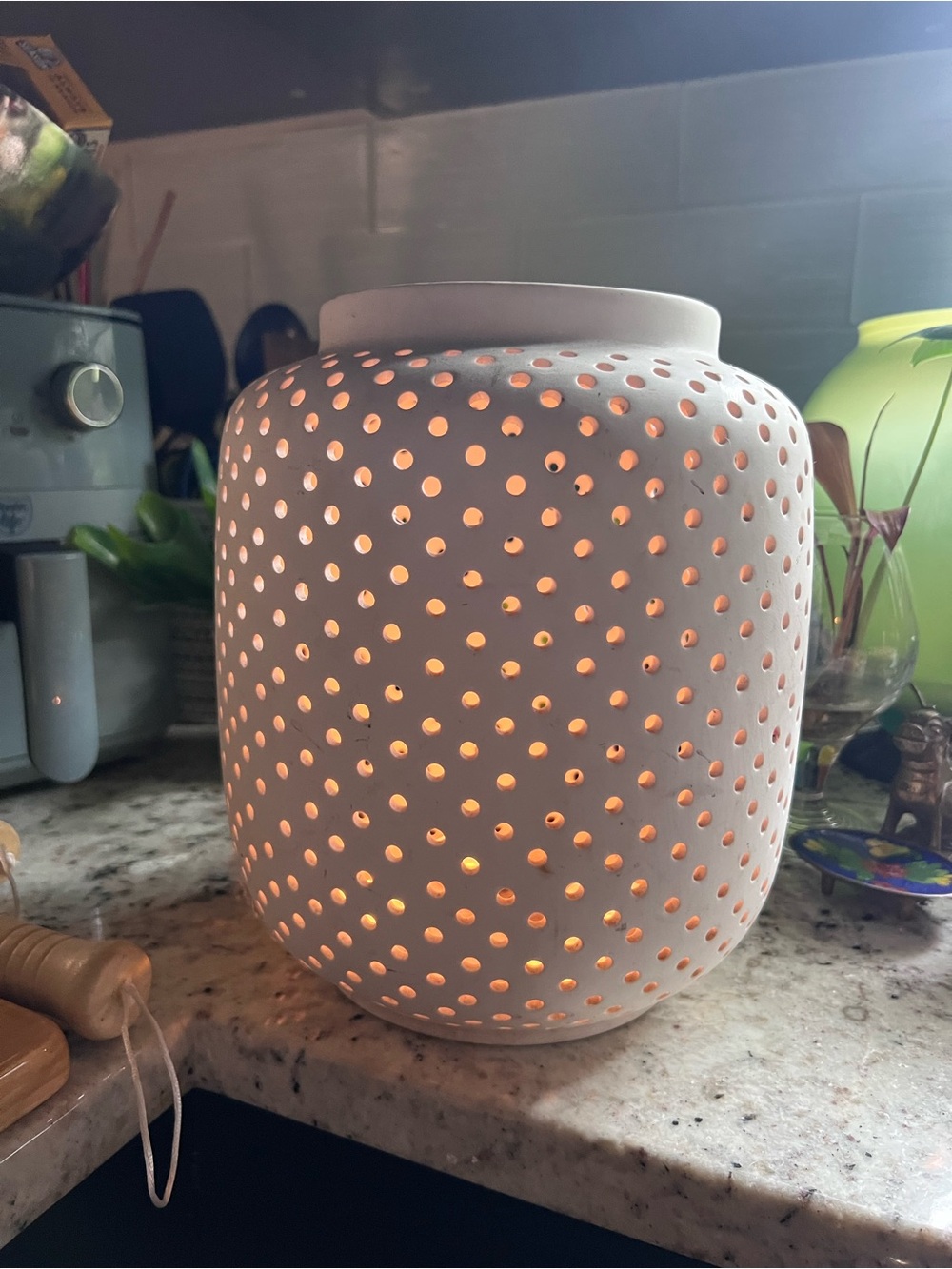 West Elm White Pierced Ceramic Lantern owned for 10 years